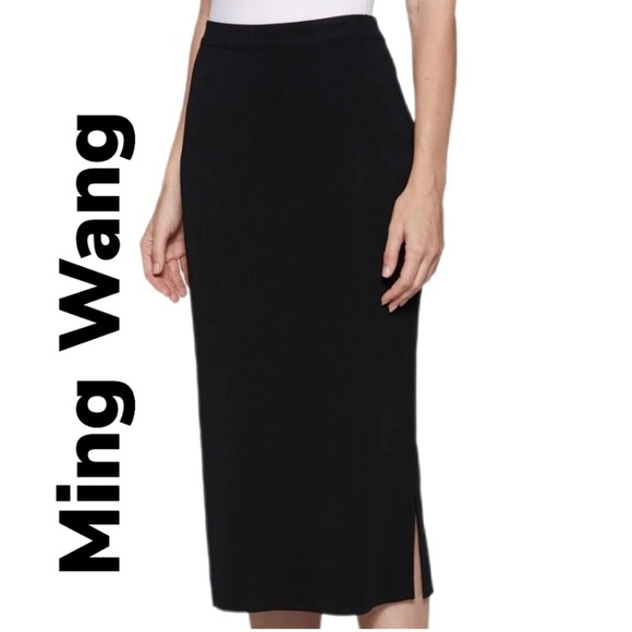 Ming Wang Midi Black Knit Pencil Skirt. Pull On Side Slit career staple L - Picture 1 of 12